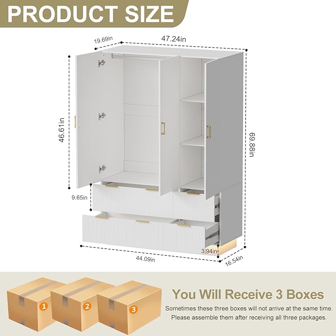 PAKASEPT Armoire Wardrobe Closet with 3 Door, Bedroom Armoires with Mirror and LED Lights, Hanging Rod, Drawers, Large Capacity Storage Wardrobe Armoire for Bedroom