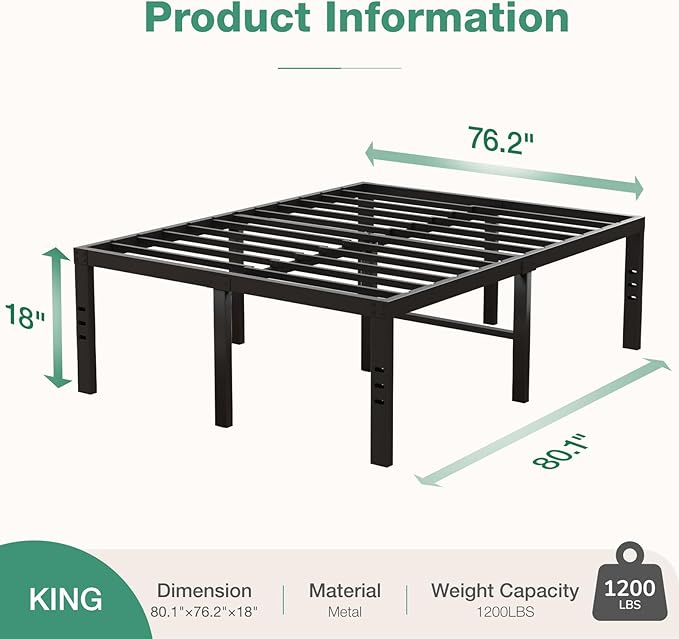 Novilla Bed Frame King Size, 18 Inch Simplicity Metal Platform King Size Bed Frame with Underbed Storage, No Box Spring Needed, Heavy Duty Steel Slat Support, for Bedroom, Guest Room, Noiseless