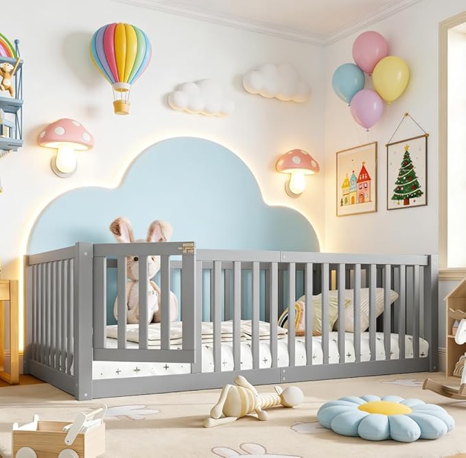 Bellemave Twin Size Montessori Floor Bed with 23.5" High Rails, Pine,Plywood Floor Bed with Small Door, Grey
