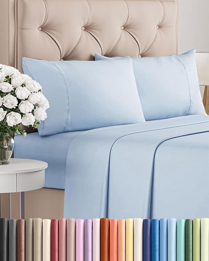 Twin 4 Piece Sheet Set - Comfy, Breathable & Cooling - Hotel Luxury Bedding for Women, Men, Kids, Teens and Children - 1 Flat & 1 Fitted Sheet & 2 Pillowcases w/ Deep Pockets - Wrinkle Free - Sky Blue