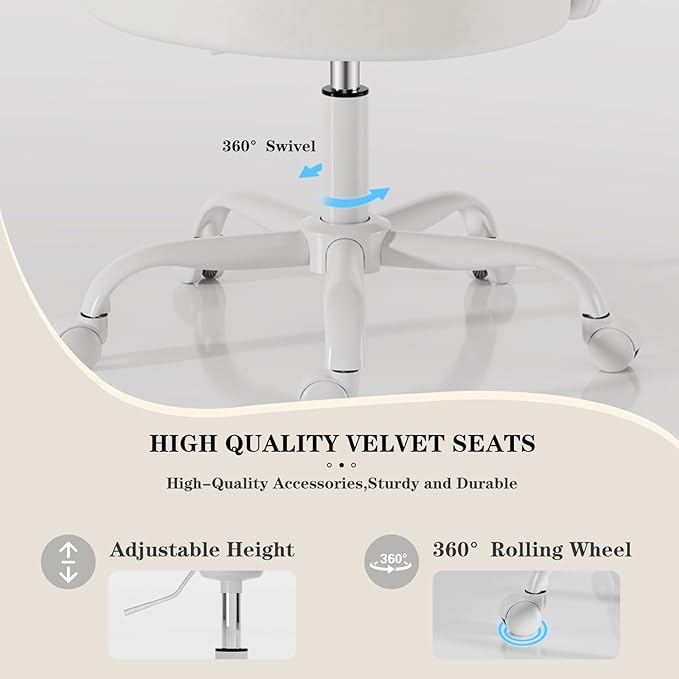 Velvet Vanity Chair with Wheels, Height Adjustable Swivel Makeup Chair, Armless Small Desk Chair for Bedroom/Office/Vanity Table, 250 lbs Capacity (Velvet, White)