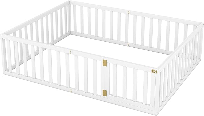 Bellemave Queen Size Montessori Floor Bed with 21.7" High Rails, Pine,Plywood Floor Bed with Small Door, White
