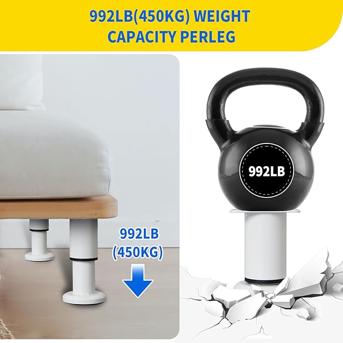 6 PCS Adjustable Furniture Couch Cabinet Legs 4.72-7.48 Inch, Heavy Duty Adjustable Height Replacement Legs for Dresser/Sofa/Bed/Chair, Legs for Furniture Set of 6 (White)