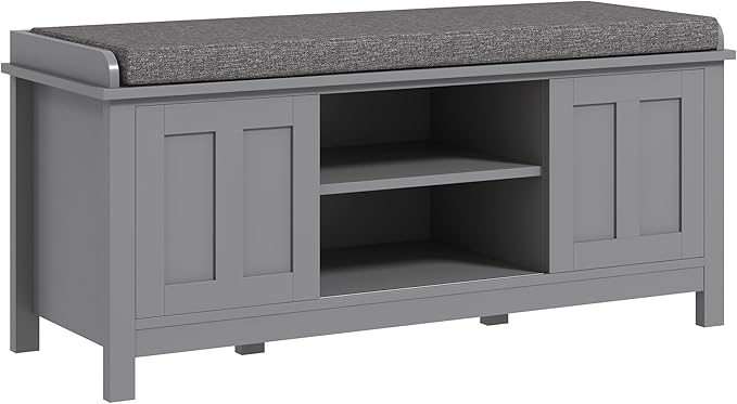 HOMCOM Entryway Shoe Bench Storage Ottoman with Sliding Doors, Adjustable Shelving, 6 Compartments, and Padded Seat, Holds 10 Pairs, Gray