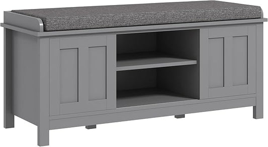HOMCOM Entryway Shoe Bench Storage Ottoman with Sliding Doors, Adjustable Shelving, 6 Compartments, and Padded Seat, Holds 10 Pairs, Gray