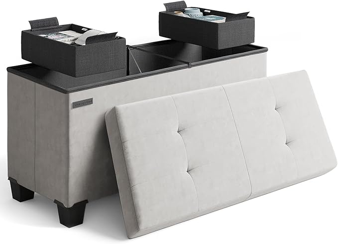 Storage Ottoman Bench with Bins, 30-in Storage Bench for Bedroom End of Bed, Folding Foot Rest Ottoman for Living Room Max 660lbs, Velvet Ottomans, Light Grey