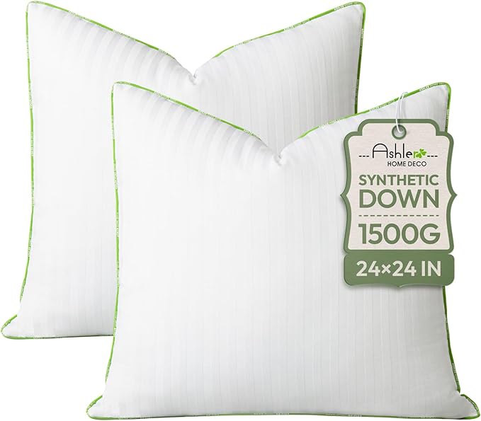 Ashler Home Deco Synthetic Down Pillow Inserts, 24x24 Down Alternative Throw Pillows Insert Sleeping Pillows with 100% Cotton Cover Decorative Pillow Stuffer for Sofa, Couch Bed(Set of 2, White)