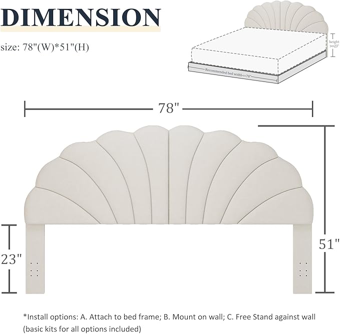 Befurtori King Size Headboard Only, Petal Wall Mount Headboard King/California King Size for Adjustable Bed Velvet Upholstered Head Board Easy Assembly, Cream