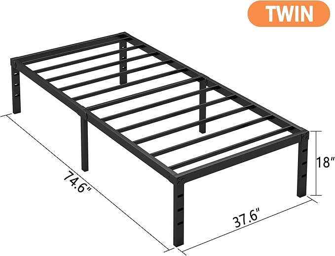 Hafenpo 18 Inch Twin Bed Frame - Sturdy Metal Platform Twin Size, No Box Spring Needed, Heavy Duty, Easy Assembly, Strong Bearing Capacity, Under Bed Storage, Black