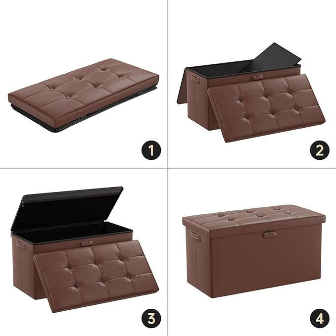 ENGPOW Storage Ottoman Bench,Fireproof Folding Bench with Lock,30 Inches Fire＆Water Resistant Storage Chest Foot Rest Stool Leather Bedroom Bench with Storage Safe for Document,Valuables, Brown