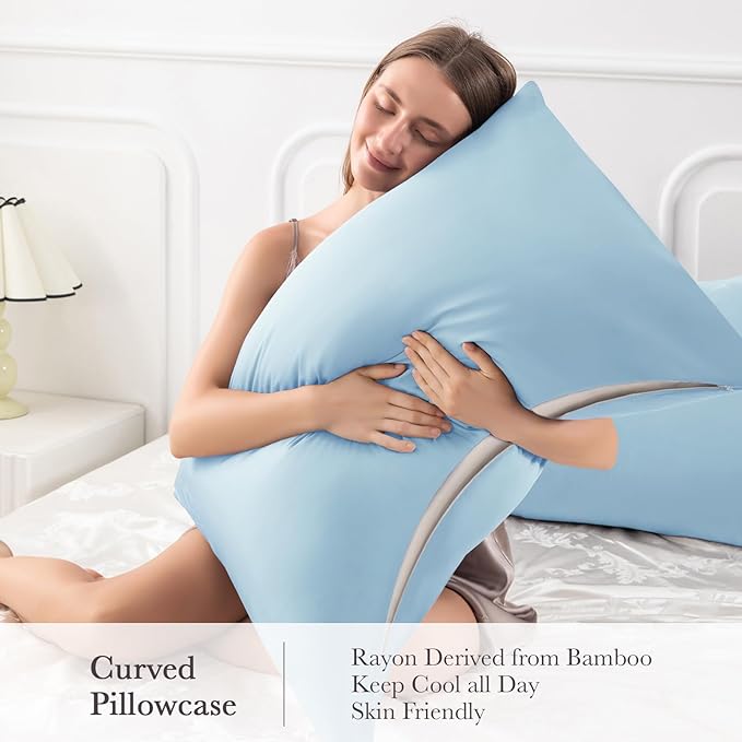 Curved Pillow Case Queen Size, Side Sleeper Pillow Cases Cover Cooling Rayon Derived from Bamboo with Zipper for hot Sleepers Hair and Skin, Breathable Silky Soft Pillowcase 1 Pack 20 * 30 Inches