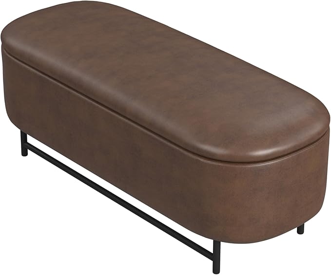 HomePop Ellipse Modern Storage Bench with Metal Legs |Homepop Home Décor|Bench with Storage for Living Room & Bedroom - Brown Faux Leather