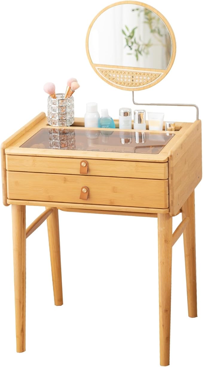 Tiita Vanity Desk, Makeup Vanity Table with Mirror, Dressing Table with 2 Drawers,Modern Wood Bedroom Vanity Vintage Dressing Table for Women Girls