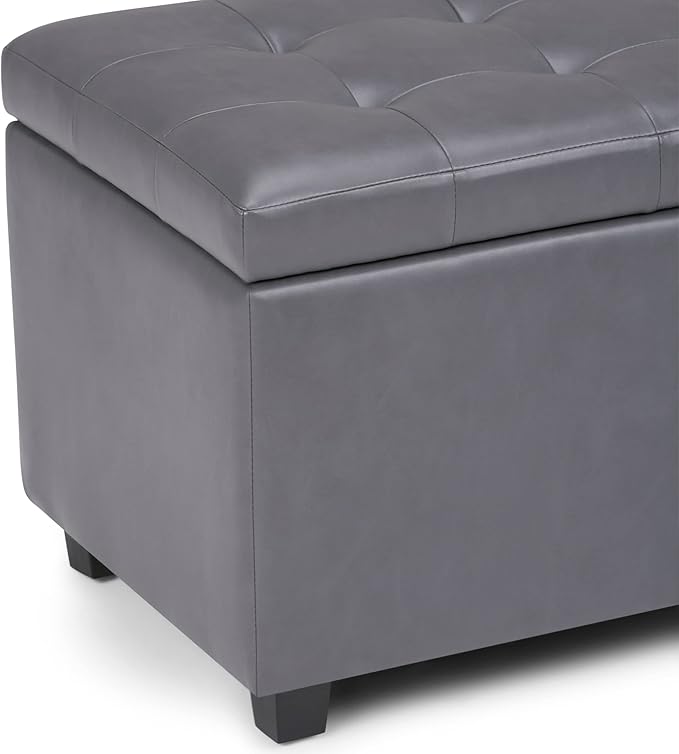 SIMPLIHOME Cosmopolitan Storage Ottoman - 34 inch Wide Upholstered Vegan Leather Rectangle Storage Ottoman Bench in Stone Grey, Transitional Tufted Ottoman for Living Room or Entryway with Lift-Up Lid
