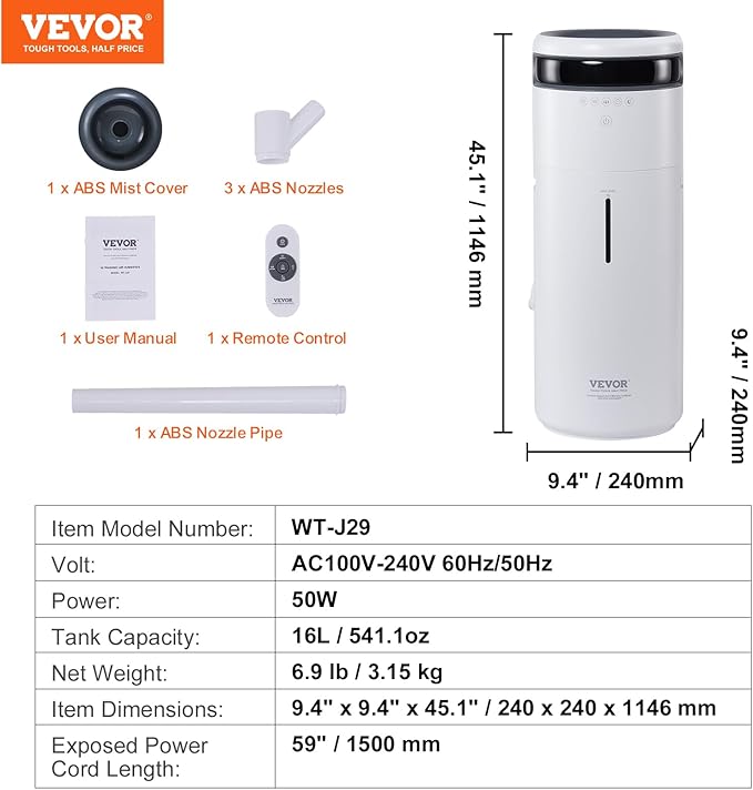 VEVOR Humidifier for Home Large Room 1291.7 sq ft, 16L Commercial Humidifier for Whole House Greenhouse Night Light & 12h Timer & Auto Shut-Off Humidifiers, Commercial Branch Tube w/ 360° Nozzle