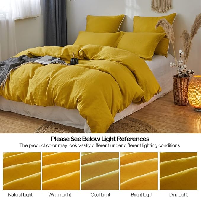 Simple&Opulence 100% Linen Duvet Cover Set 3pcs Basic Style Natural French Washed Flax Solid Color Soft Breathable Farmhouse Bedding with Button Closure - Mustard Yellow, Queen