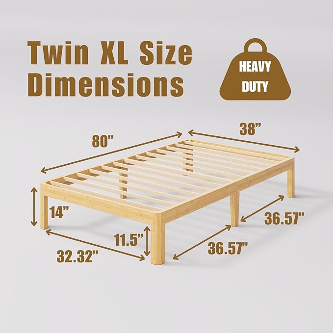 14 Inch High Bamboo Wood Twin XL Bed Frame Platform, Metal Slat Support XL Twin Bed Frame, No Box Spring Needed, Easy Assembly, Noise Free, Reinforced
