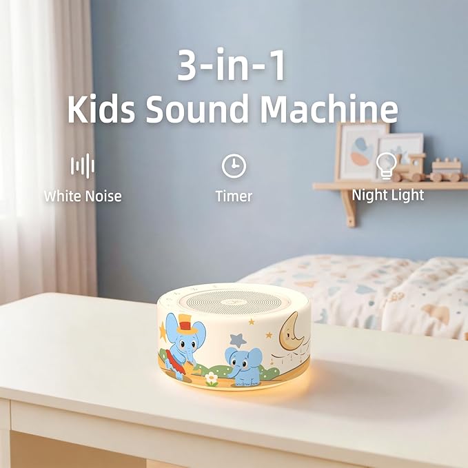 Kipcush White Noise Machine - Soft Non-Glare Nursery Lamp, 30 Soothing Sounds, 8 Color Lights, Max 8-Hour Timer for Baby & Adults (A Baby Elephant, Standard)
