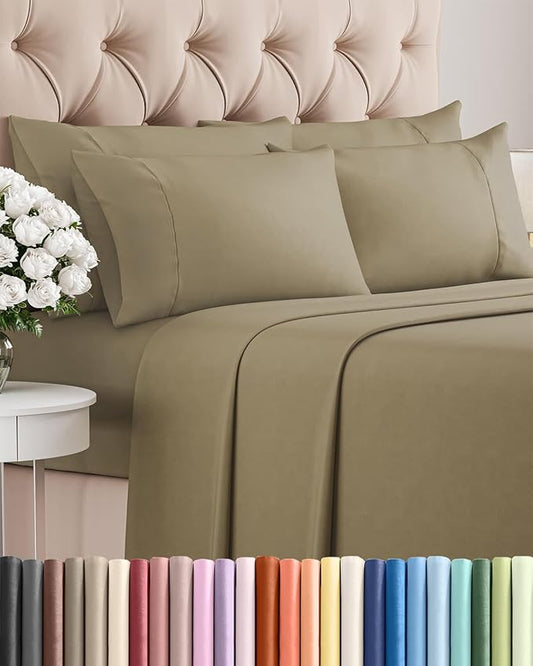 Queen 6 Piece Sheet Set - Comfy, Breathable & Cooling - Hotel Luxury Bedding for Women, Men, Kids, Teens and Children - 1 Flat & 1 Fitted Sheet & 4 Pillowcases w/ Deep Pockets - Wrinkle Free - Khaki