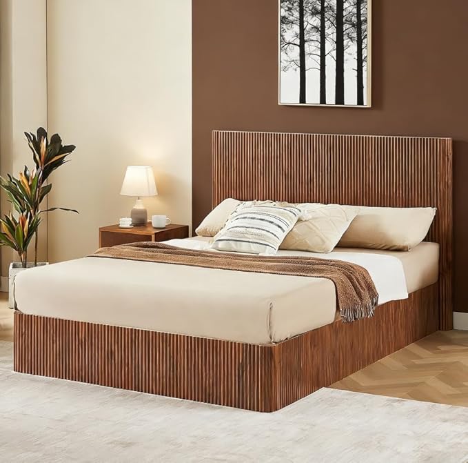 Bellemave Queen Lift Up Storage Bed, Walnut Wood Lift Up Bedframe Queen, Wooden Corrugated Curved Lines, Hydraulic Storage,Walnut