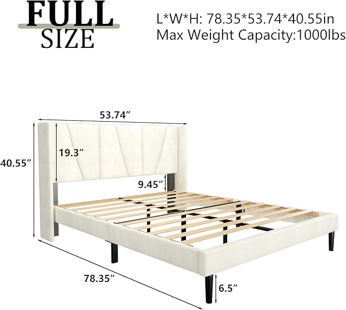 HAOARA Full Size Bed Frame with Headboard, Velvet Upholstered Platform Bed Frames, Contemporary Mattress Foundation, Noise Free, No Box Spring Needed, Easy Assembly, Beige
