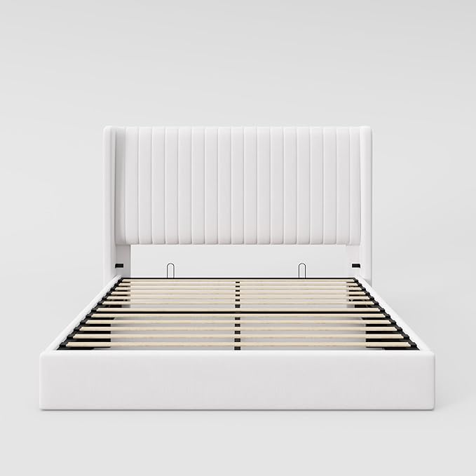 Allewie Queen Size Lift Up Storage Bed Frame, Hydraulic Support System, Upholstered Platform Bed Frame, Underneath Storage, Vertical Channel Tufted Headboard with Wingback, No Box Spring Needed, White