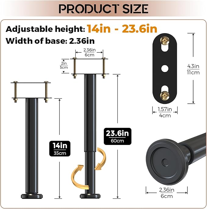 2Pcs Bed Frame Support Leg, Adjustable Height 14" to 23.6", Increase Under-Bed Storage Space, Extra Sturdy Steel Bed Risers with Wider Rubber Base, More Stable, for King/Queen Bed