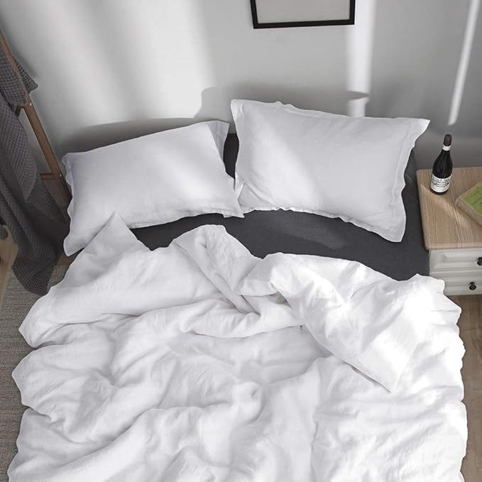 Simple&Opulence 100% Linen Duvet Cover Set 3pcs Basic Style Natural French Washed Flax Solid Color Soft Breathable Farmhouse Bedding with Button Closure - White, Full