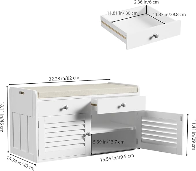 WARMHONIU Shoe Storage Bench with 2 Drawers, Entryway Bench with Cushion, Adjustable Shelves, Shoe Rack Bench with Louvered Doors for Entryway, Bedroom, Hallway, White