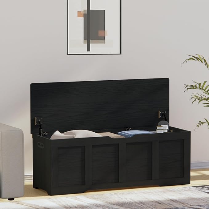 Timberer 47.2" Storage Chest, Extra Large Storage Trunk with 2 Safety Hinges, Wooden Storage Bench, Shoe Bench, Entryway Bench for Living Room, Bedroom, Black
