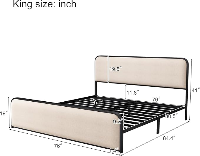 Merax Metal Platform Bed King Size with Curved Upholstered Headboard and Footboard, King Bed Frame with 8" Storage Space Under Bed, Heavy Duty Metal Slats, No Box Spring Needed, Easy Assembly, Beige