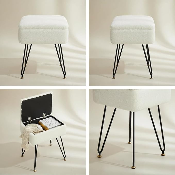 Vanity Stool Chair, Faux Teddy Fur Ottoman Foot Stool with Metal Legs & Adjustable Black Feet, Flip Top Storage Makeup Chair with Soft Padded Seat, Foot Rest for Makeup Room Bedroom, White
