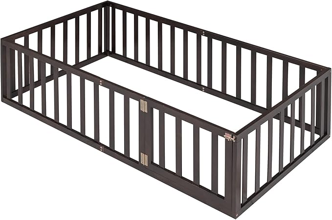 Bellemave Twin Size Montessori Floor Bed with 21.7" High Rails, Pine,Plywood Floor Bed with Small Door, Walnut