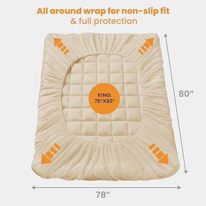 MATBEBY King Size Mattress Pad - Cooling Breathable Mattress Topper, Quilted Fitted Mattress Protector, Pillow Top Mattress Cover with 8-21" Deep Pocket, Soft, Machine Washable, Beige, 78x80 Inches