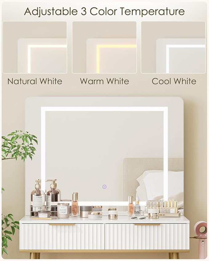 Makeup Vanity Desk with Lights and Mirror, Small Makeup Vanity Table with 2 Drawers, Dressing Table with 3 Adjustable Lighting Color, Small Makeup Desk for Bedroom, White with Gold Leg