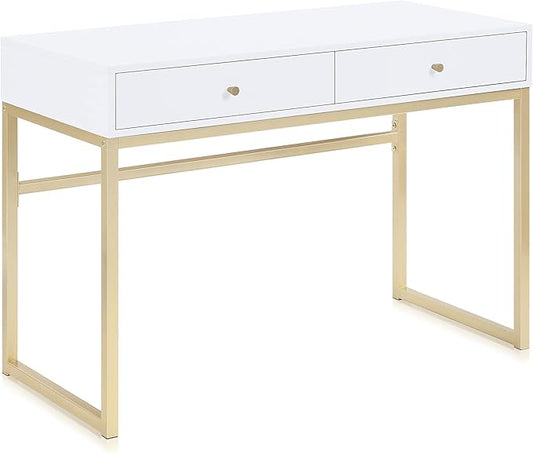 BELLEZE Modern 42 Inch Makeup Vanity Dressing Table or Home Office Computer Laptop Writing Desk with Two Storage Drawers, Wood Top, and Gold Metal Frame - Bronte (White)