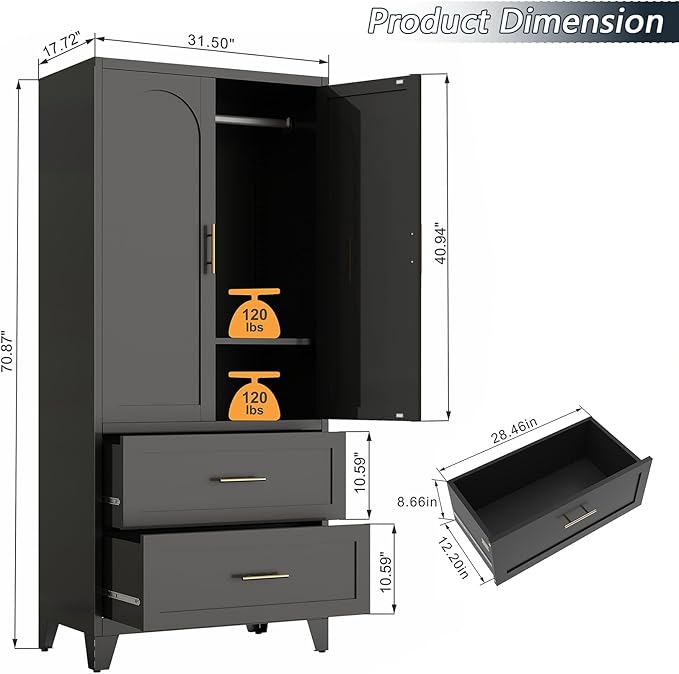 Modern 71" Steel Armoire Wardrobe Closet with 2 Drawers and Hanging Rod, Sturdy Metal 2 Door Armoire for Small Bedroom, Wardrobe Cabinet with Adjustable Shelves for Apartments, (Black)