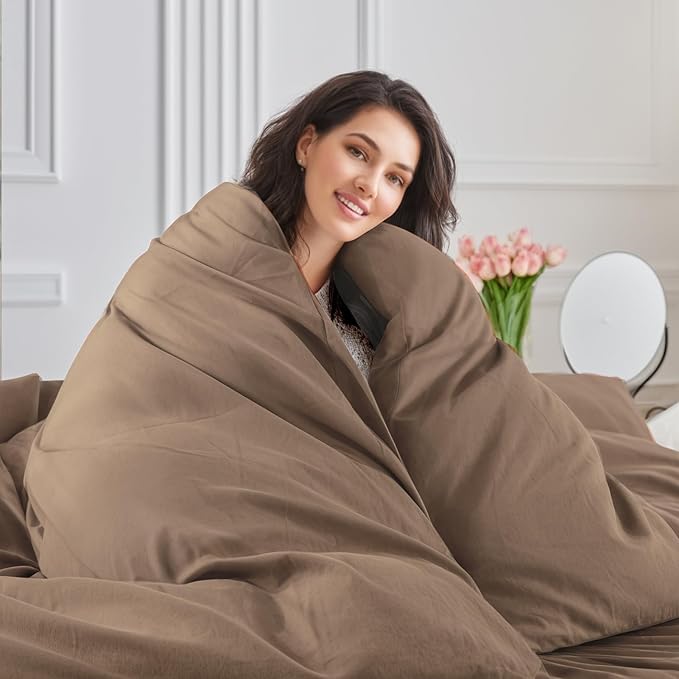 NEXHOME PRO 100% Washed Cotton Duvet Cover Queen Size, Ogranic Natural Linen Feel Breathable Bedding Set with Zipper Closure, 3 Pieces Duvet Cover Set Toffee (No Comfortert) 9090
