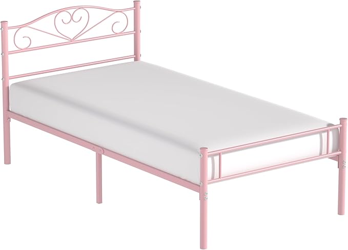 VECELO 14 Inch Twin Size Metal Platform Bed Frame with Headboard and Footboard, Heavy Duty Mattress Foundation with Steel Slats Support, No Box Spring Needed, Pink