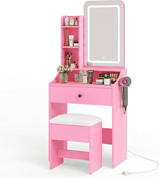 DUMOS Makeup Vanity Desk, Vanity Table Set with Mirror and Lights, Small Vanity with Storage Bench, Charging Station and Hair Dryer Holder, Dressing Table with Drawer and Three Shelves, Pink
