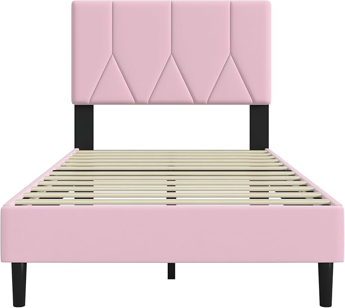 Twin Bed Frame, Padded Platform Bed Frame with Velvet Headboard, Vertical Quilted Design, Sturdy Slatted Mattress Base, No Spring Mattress Required, Easy to Assemble, Pink