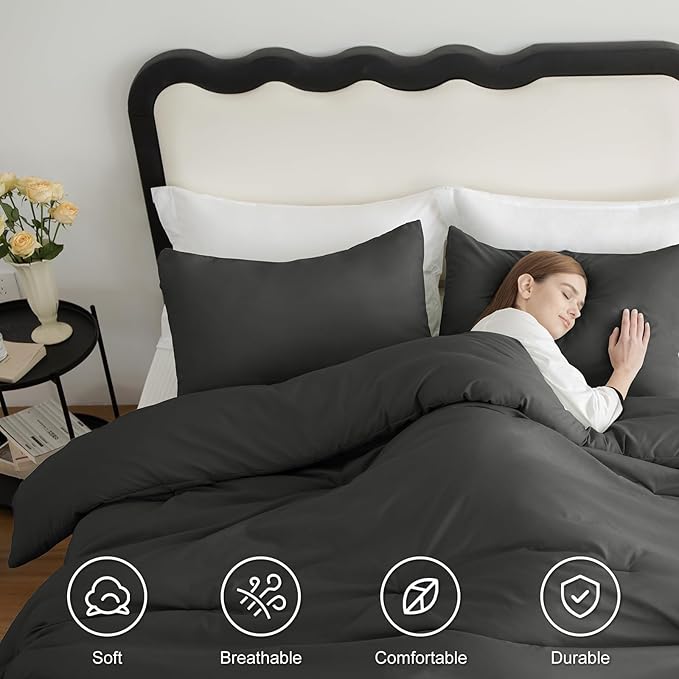 CozyLux Twin Comforter Set Dark Grey, 2 Pieces Twin Extra Long Solid Breathable Bedding Set for College Dorm, Twin XL Dark Gray Luxury Soft Bed Set with Down Alternative Comforter and 1 Pillowcase