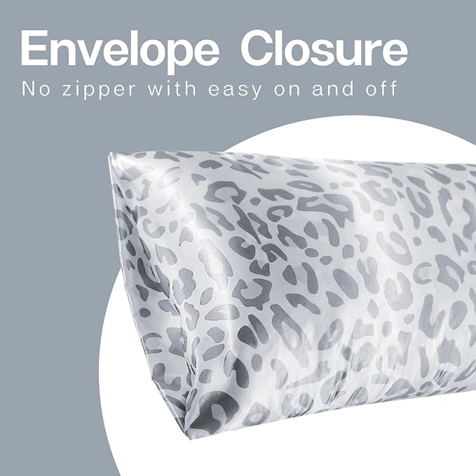 MR&HM Satin Pillowcase for Hair and Skin, Silk Satin Pillowcase 2 Pack, Queen Size Pillow Cases Set of 2, Silky Pillow Cover with Envelope Closure (20x30, Silver Leopard)