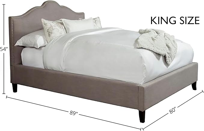 Pemberly Row Traditional Upholstered King Bed, Polyester-Linen Fabric, Falstaff Gray Finish, Nailhead Trim, Kiln-Dried Hardwood Frame, 80"x89"x54", Elegant Bedroom Furniture for Adjustable Bed Frames
