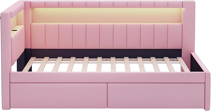 Merax Twin Size Modern Upholstered Platform Bed with USB Ports & Storage Drawers, Floor Sofa Daybed with Wood Slat Support, Storage Bed Frame with Headboard/Twin, Pink