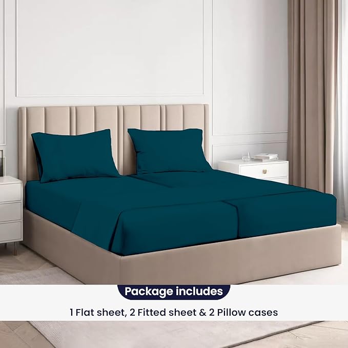 SGI Split King Sheet Set for Adjustable Bed Egyptian Premium Cotton 600 Thread Count Sheets for Sleep Number Bed 15" Deep Pocket 5 Pc Set with 2 Twin XL Fitted Sheets Soft Breathable -Teal