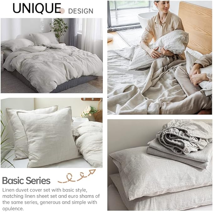 Simple&Opulence 100% Linen Duvet Cover Set 3pcs Basic Style Natural French Washed Flax Solid Color Soft Breathable Farmhouse Bedding with Button Closure - Linen, Queen