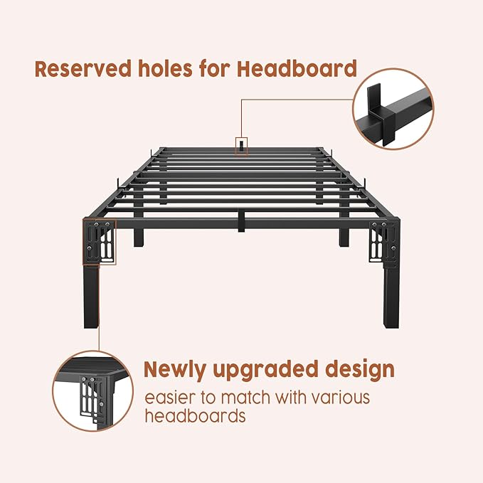 14 Inch Twin Metal Bed Frame, Heavy Duty Metal Platform Bed Frame with Reinforced Slats Support, 800 Lbs Load Capacity, Noise Free, No Box Spring Needed and Screws , Tool-Free Assembly Bed Frame