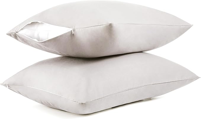 Cotton Pillow Protectors/Cases Queen Size with Zipper 2 Pack Light Grey Color,Cooling & Breathable Bed Pillow Protectors Set of 2 Pillow Cases Cover (Queen Size 20" x 30")