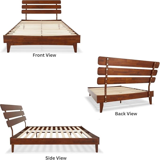 Bme Caden Queen Bed Frame and Adjustable Headboard, 15 Inch Mid Century Retro Style - Solid Acacia Wood - No Box Spring Needed - 12 Strong Wood Slat Support - Easy Assembly - Dark Chocolate